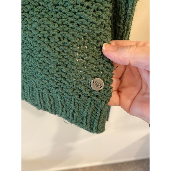 Roxy Women’s M Textured Knit Sweater Green Cotton Crewneck Pocket Detail - Picture 3 of 10
